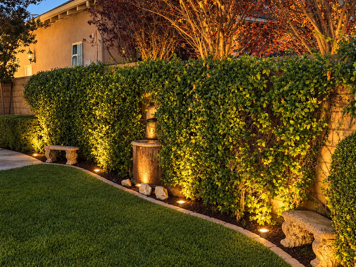 Backyard hedge, trees and fountain uplit with warm landscape lights, with in-ground well lights along a curved lawn border at dusk